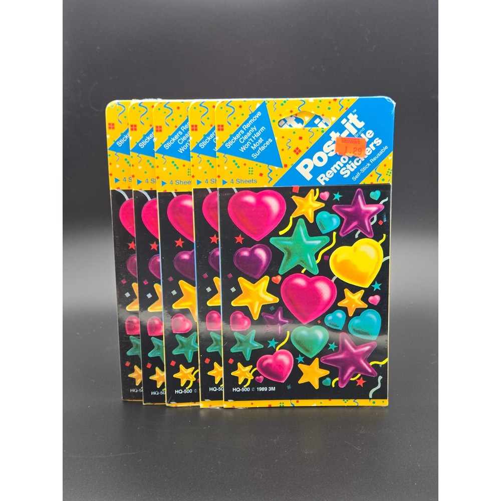 Vintage Post-it Removable Stickers Hearts Stars 5 Pack Lot - 20 Total Sheets NEW